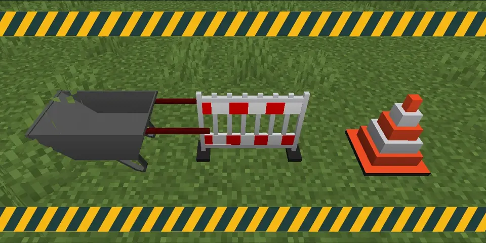 Screenshot aus Minecraft: Schubkarre, Absperrgitter und Leitkegel.
