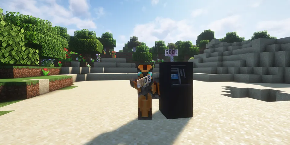 Screenshot aus Minecraft: Ein Spieler steht an einem Geldautomaten aus Saro’s Money.