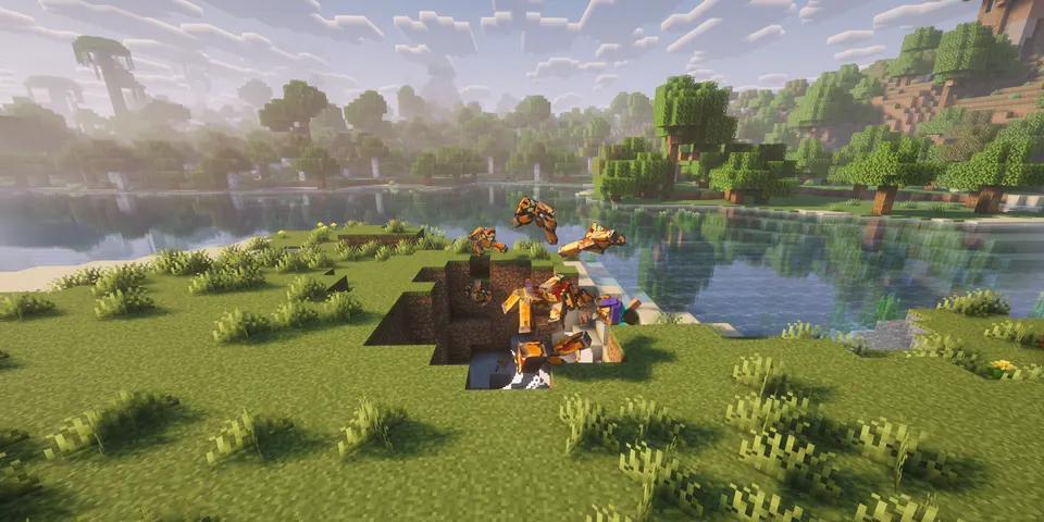 Screenshot aus Minecraft: Ein Spieler liegt als Ragdoll am Seeufer.