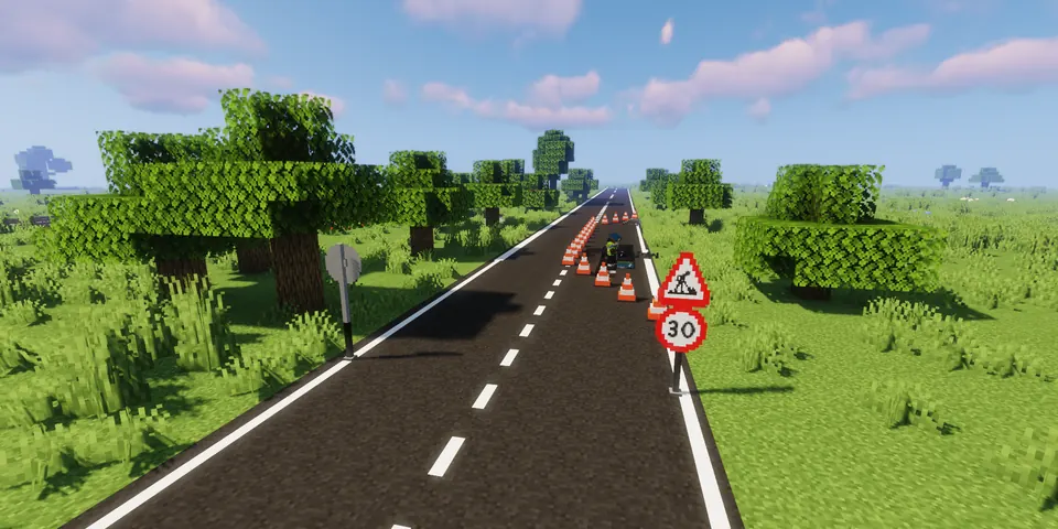 Screenshot aus Minecraft: Landstraße mit Baustellen- und Tempo-30-Schildern.